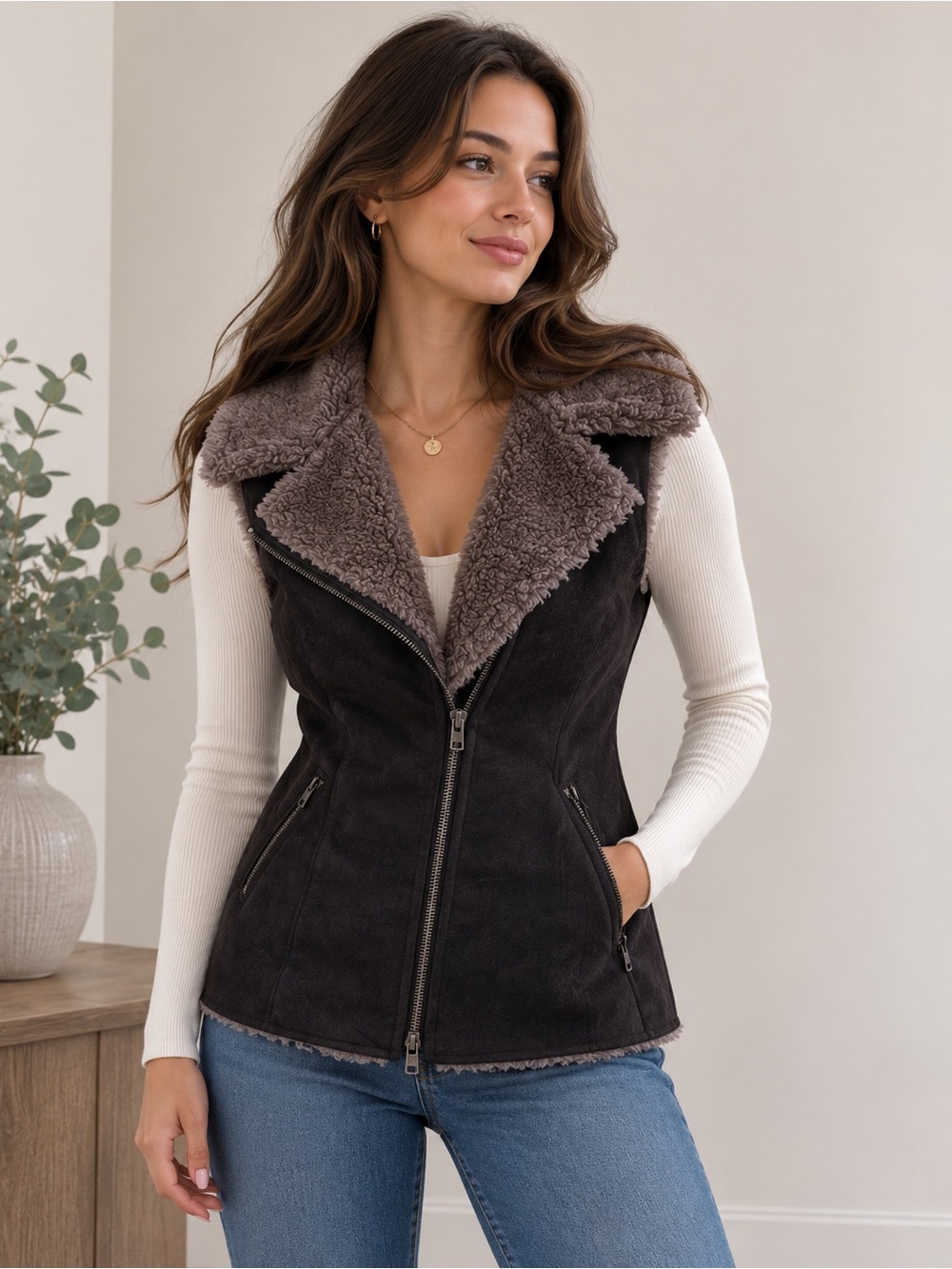 Dylan Faux Suede Faux Fur Asymmetrical Zip Brown Vest Womens Sz XS